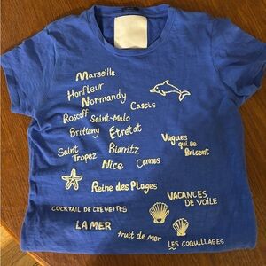 Mother Blue Graphic Tee with White French Cities Text